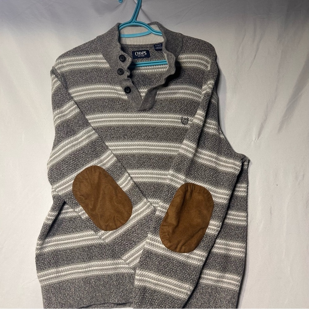 Chaps Gray and White Striped Crewneck Sweater 100% cotton XL - Picture 4 of 12